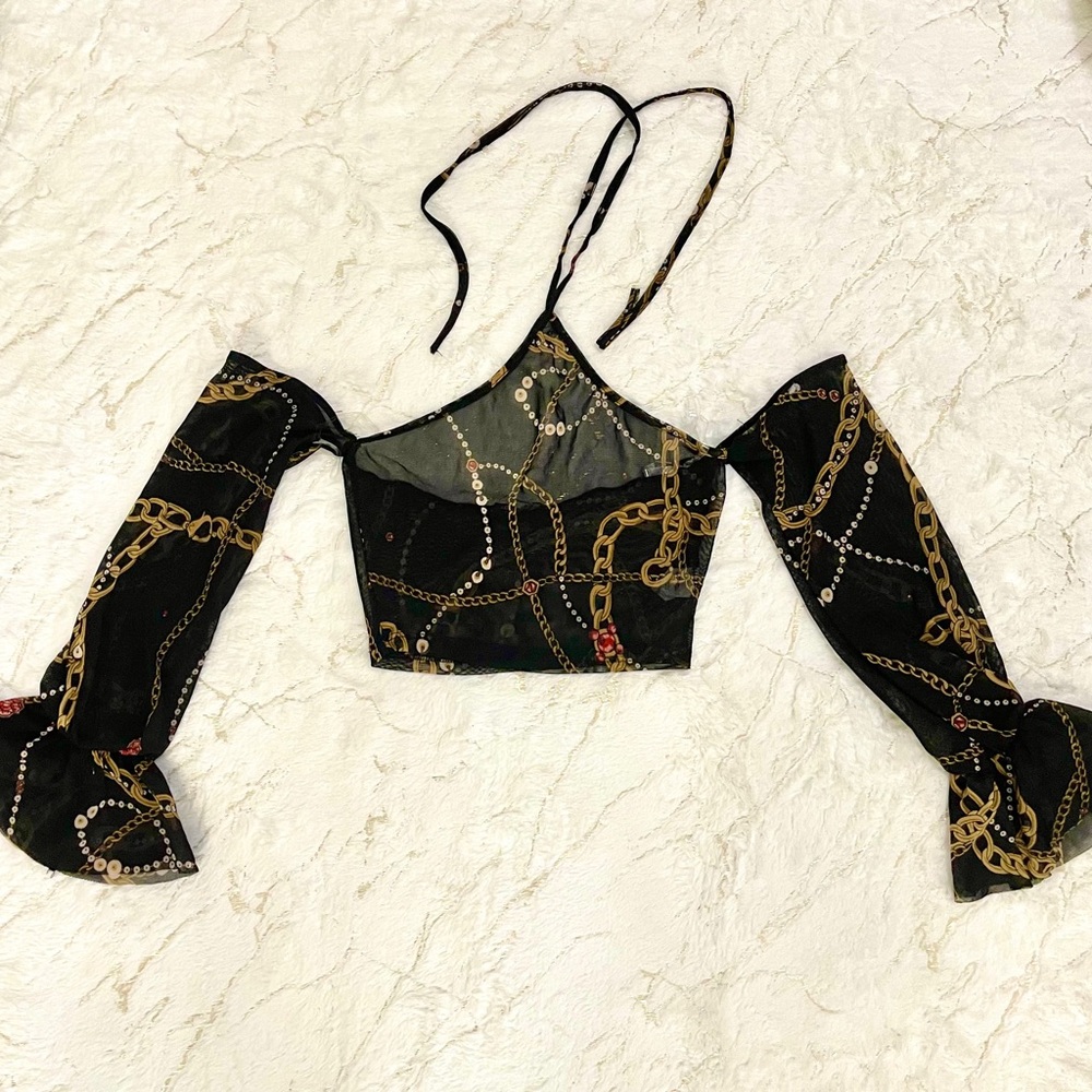 Black Off-Shoulder Top with Gold Chain Print